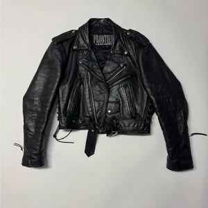 Vintage Frontier Leathers Black Cropped Moto Jacket Lace Up Biker Size L 80s